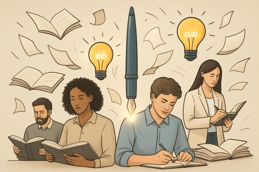 A vibrant and inspiring illustration that showcases the power of writing, creativity, and engaged readers—imagery might include open books, flying pages, glowing ideas (like lightbulbs), diverse people reading or writing, and a dynamic, uplifting atmosphere.