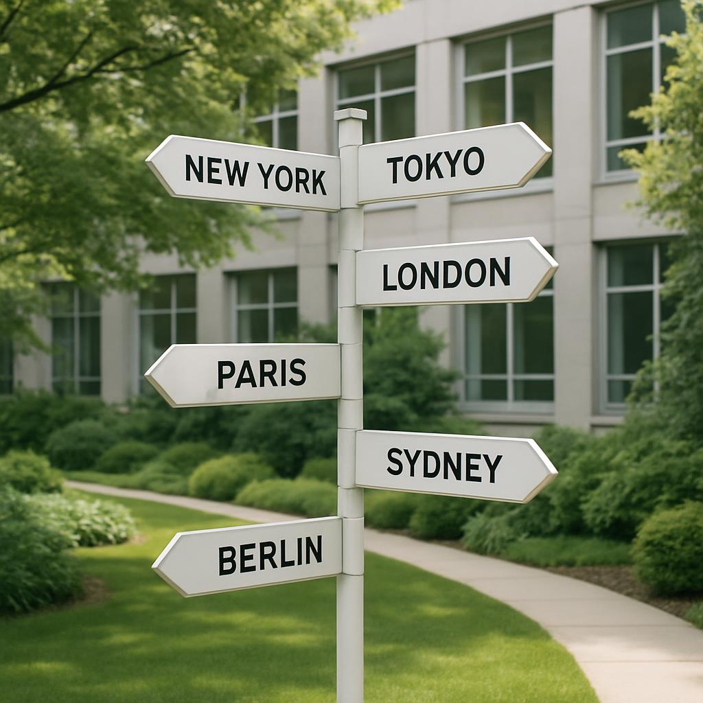 Signpost with directional arrows featuring city names: New York, Tokyo, London, Paris, Sydney, and Berlin.