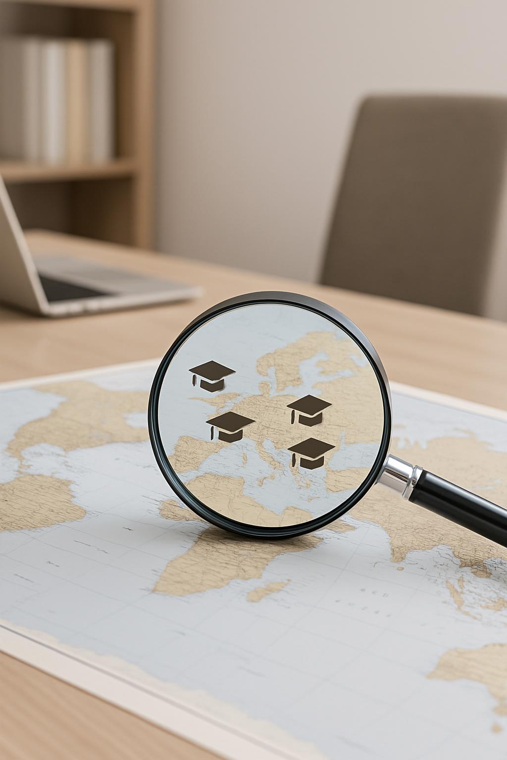 A world map with three graduation caps icons on it. A magnifying glass is placed on top of the map with three graduation h...