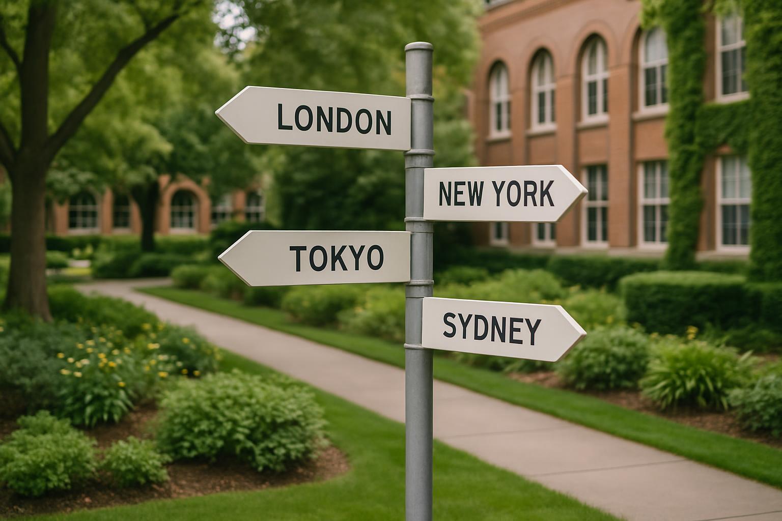 A large building and directional signs, symbolizing institutional guidance