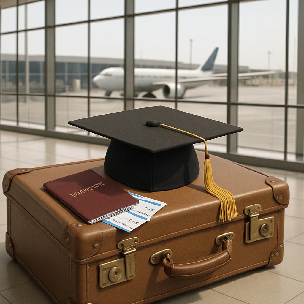 A graduation cap sits atop a suitcase, accompanied by a passport, tickets, and a book, with a plane visible through a larg...