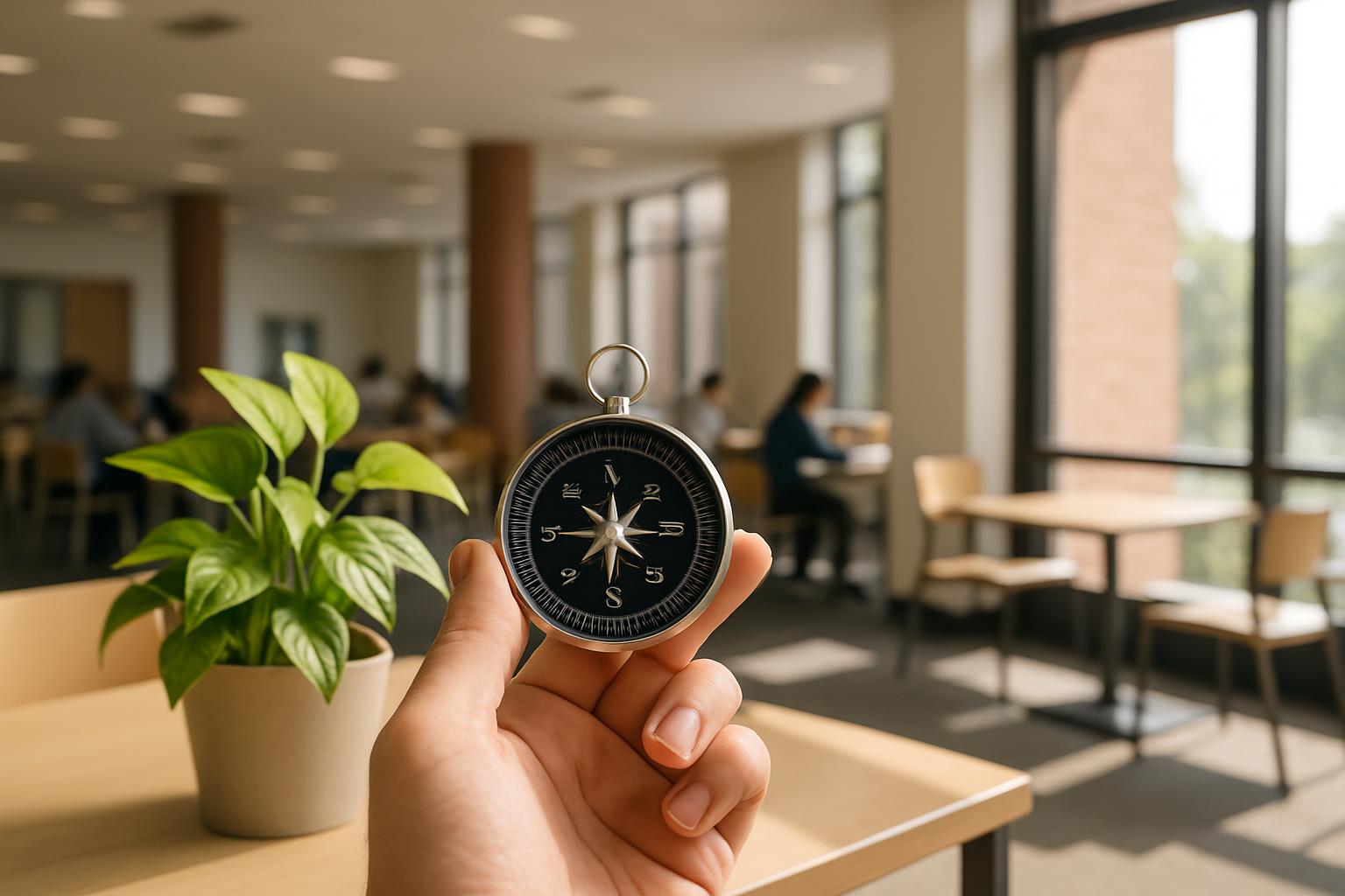 A close-up view of a hand holding a circular compass, symbolizing guided journey