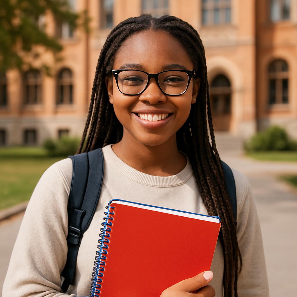 A young Black girl with long braids holding a red spiral-bound notebook and wearing a beige sweater and a backpack stands ...