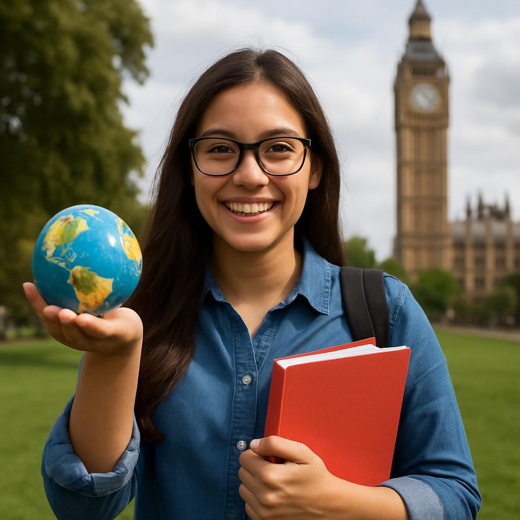 A young woman with long brown hair and glasses smiles while holding a small globe in her right hand and a red book under h...