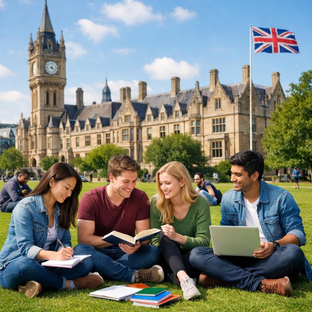 Four students sitting on grass with books and a laptop in front of a campus building and UK flag