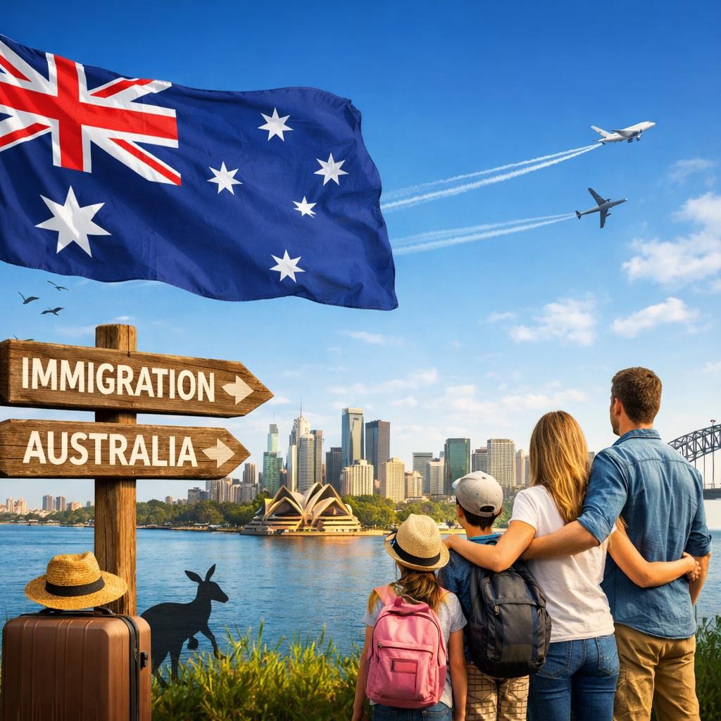 Family of four with backpacks looking at Sydney skyline and Australian flag, wooden immigration signs with kangaroo silhouette